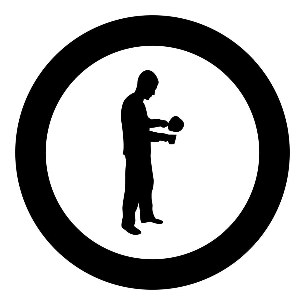 Man with saucepan in his hands preparing food Male cooking use sauciers water poured in mug silhouette in circle round black color vector illustration solid outline style image