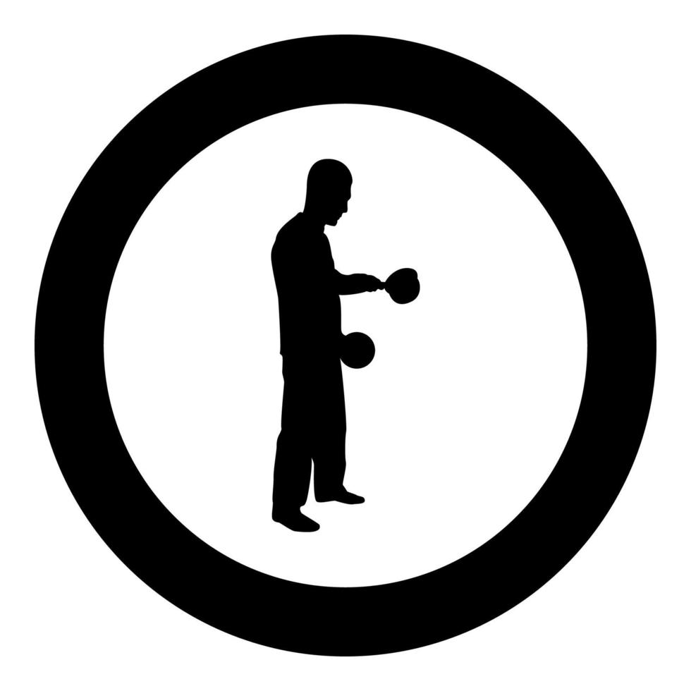 Man with saucepan in his hands preparing food Male cooking use sauciers with open lid silhouette in circle round black color vector illustration solid outline style image