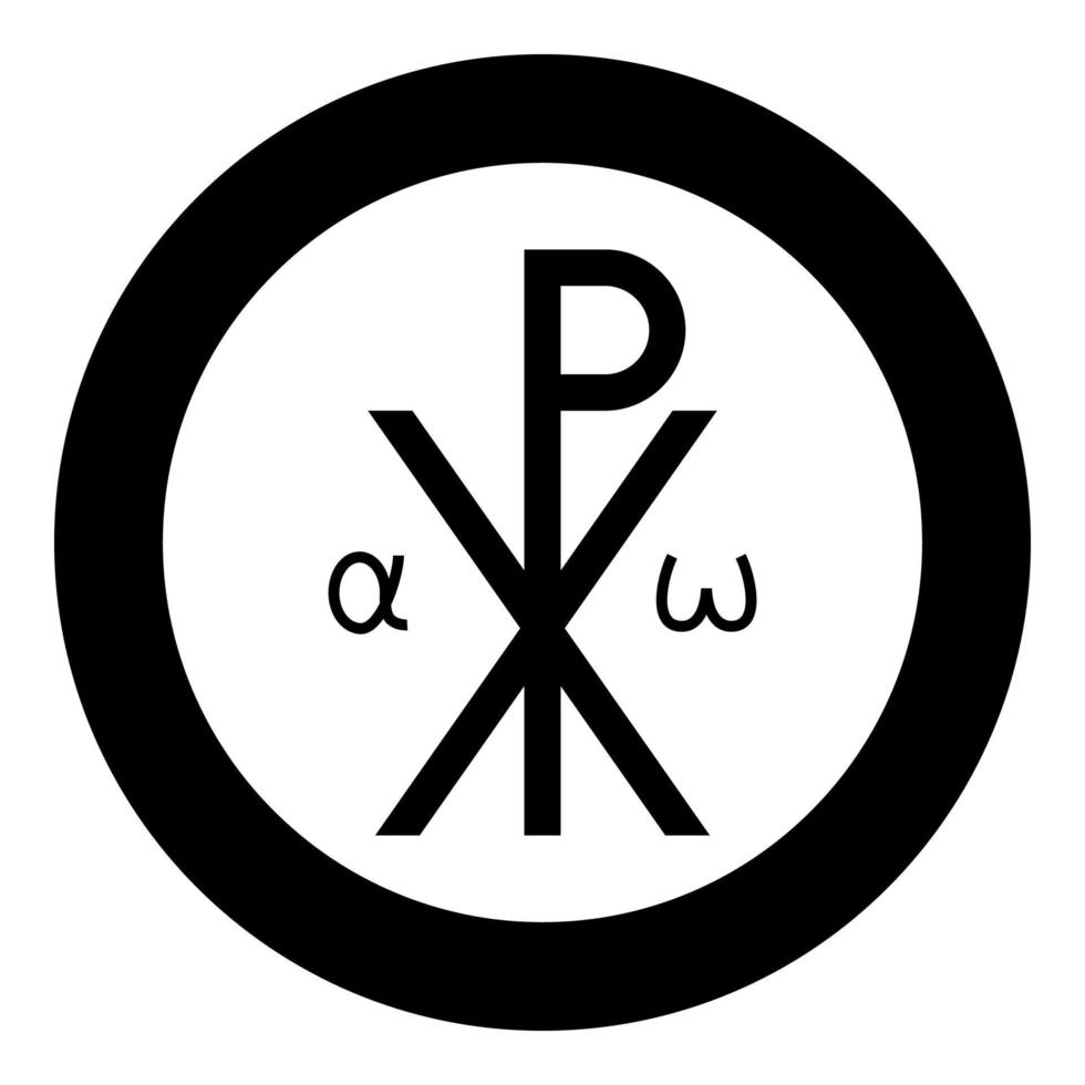 Crismon symbol Cross monogram Xi Hi Ro Konstantin Symbol Saint Pastor sign Religious cross Alfa Omega icon in circle round black color vector illustration flat style image