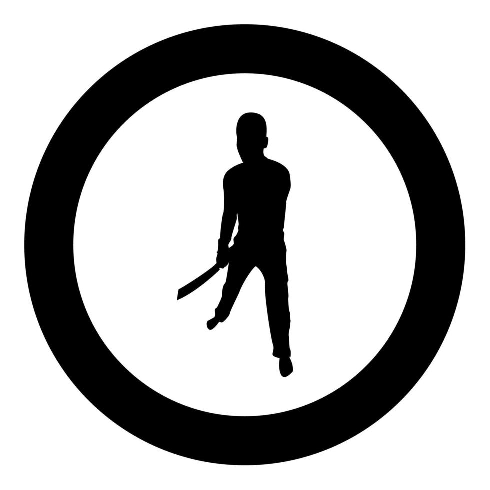 Man with sword machete Cold weapons in hand military man Soldier Serviceman in positions Hunter with knife Fight poses Strong defender Warrior concept Weaponry Stand silhouette in circle round black vector