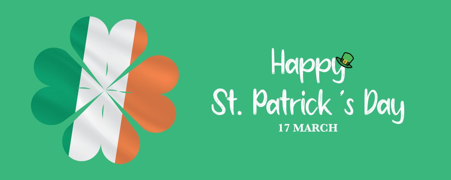 Happy St. Patricks day. Irish flag and congratulatory message in clover. Irish chap. Irish National Holiday. Vector illustration isolated on white background. Banner design.