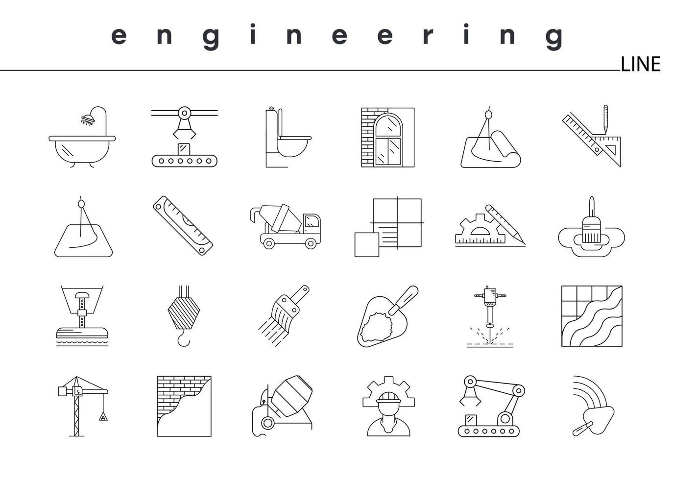 Civil engineering icon set. Set of engineering line art vector illustration on white background. Editable line set. Building and construction line icons set.