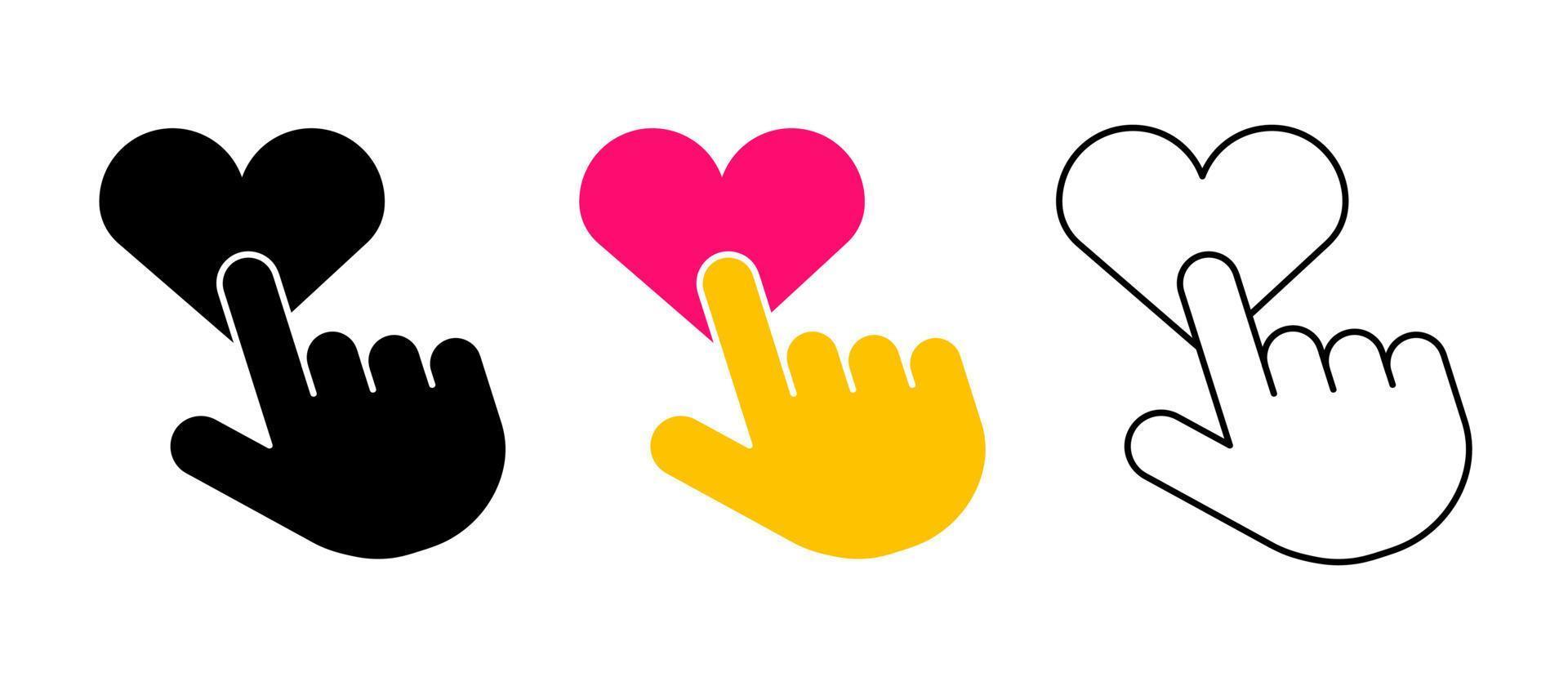 el pulgar toca el corazón. conjunto de iconos de vector de clic-toque manual. silueta, color, conjunto de iconos lineales. logo-web, elemento de diseño de icono.