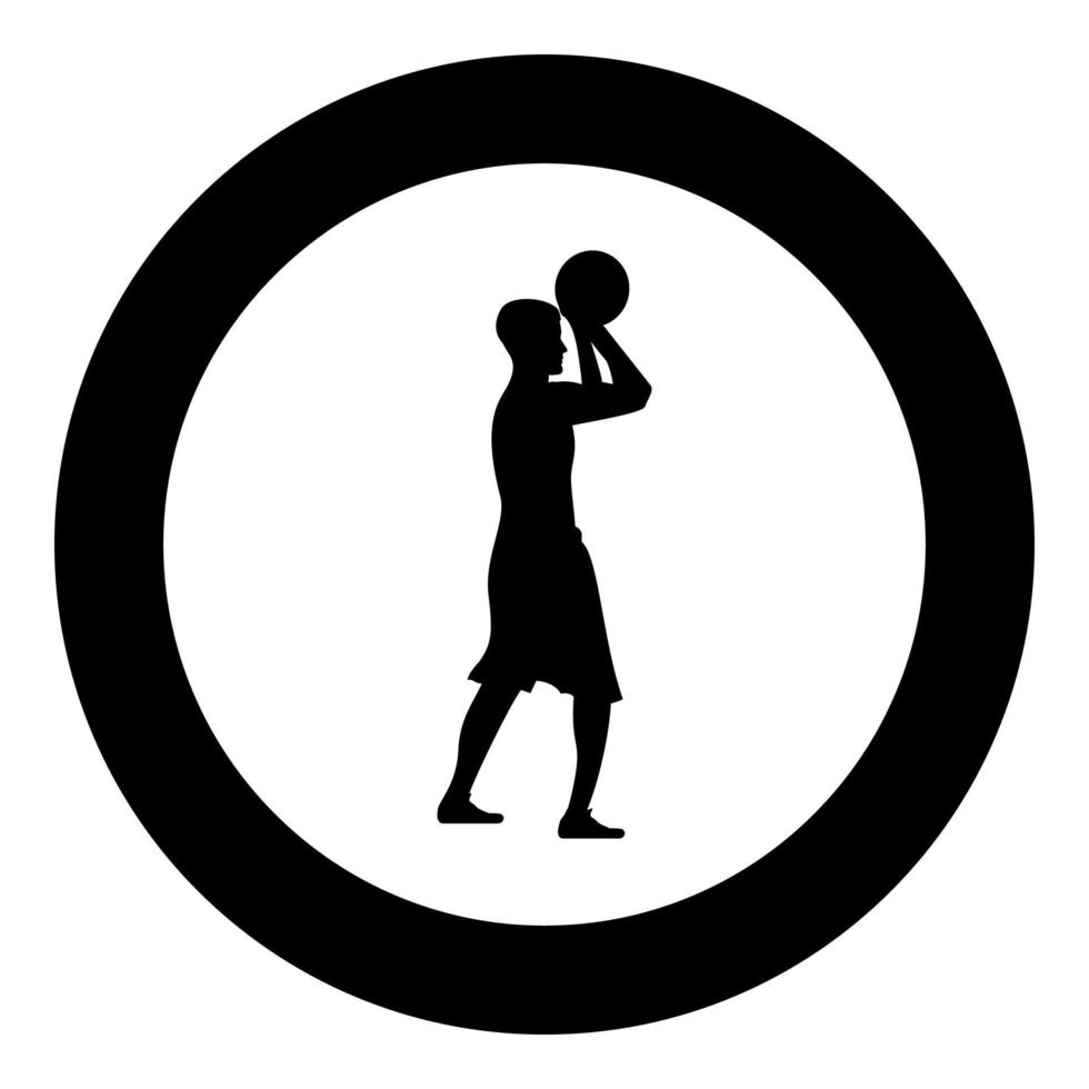 el jugador de baloncesto lanza a un hombre de baloncesto disparando una bola vista lateral icono ilustración de color negro en círculo vector