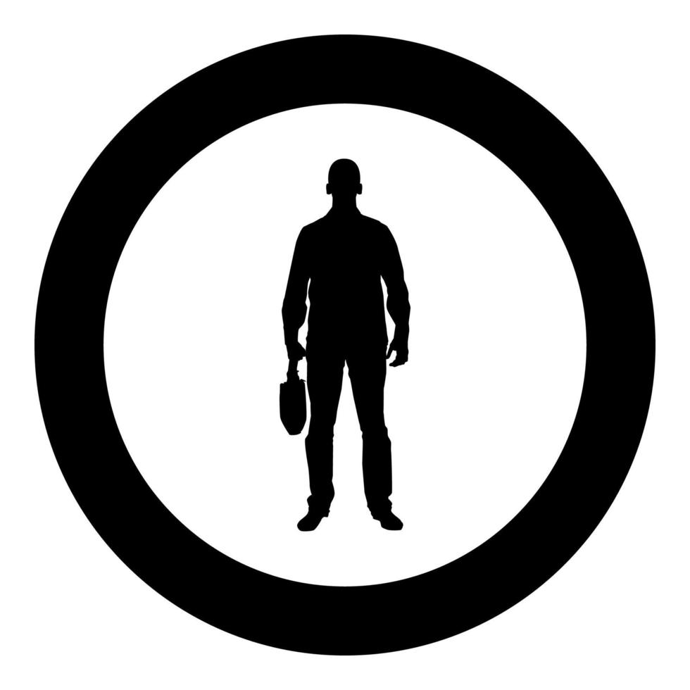 hombre de negocios con maletín hombre con una bolsa de negocios en su mano silhouesse vista frontal icono ilustración de color negro en círculo vector