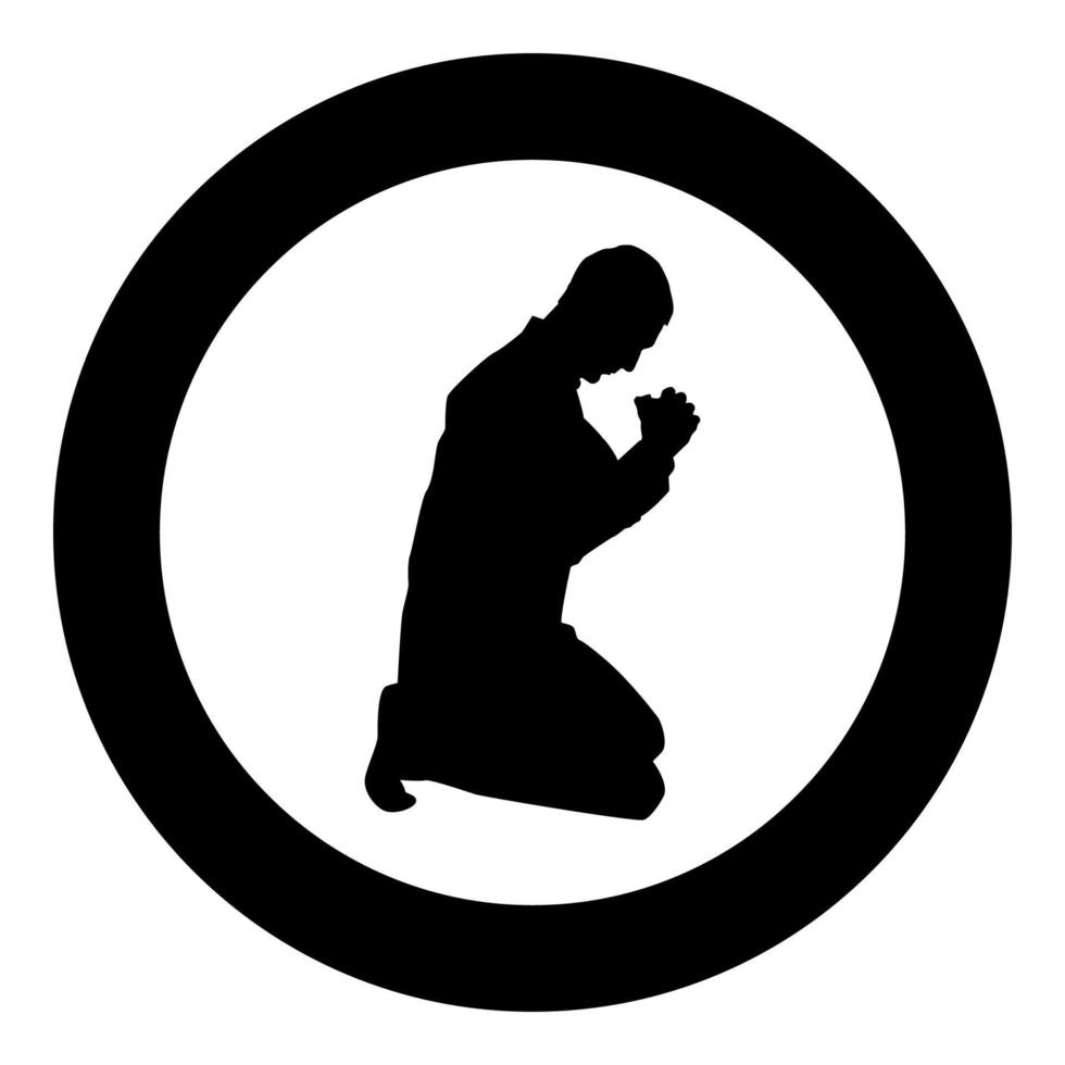 el hombre reza de rodillas icono de silueta ilustración de color negro en círculo vector