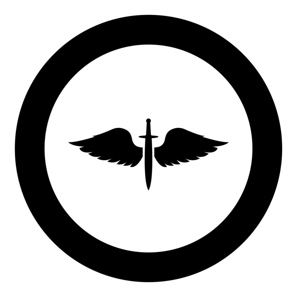 Wings and sword symbol cadets Winged blade weapon medieval age Warrior insignia Blazon bravery concept icon in circle round black color vector illustration flat style image