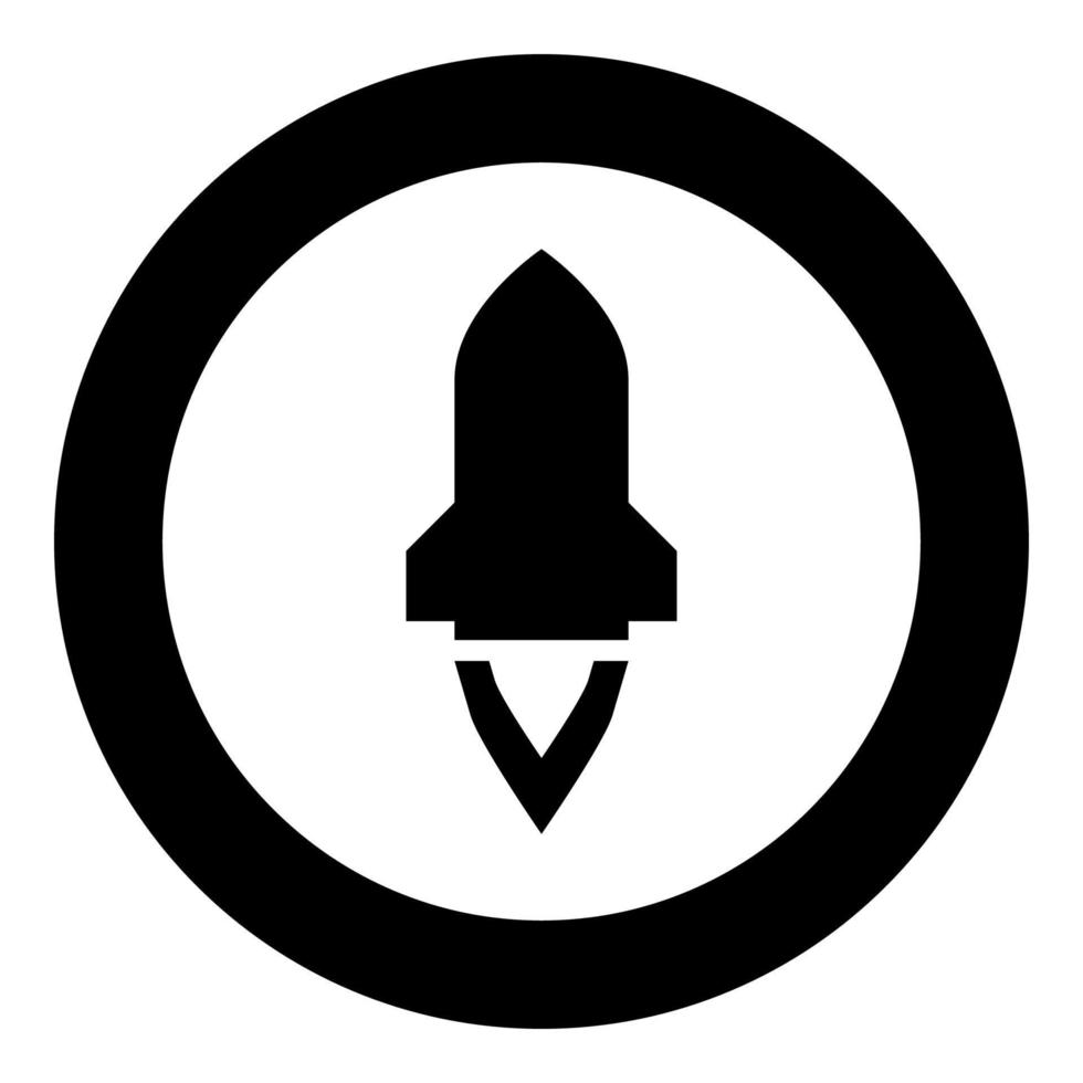 Rocket with flame in flying Spaceship launching Space exploration War weapon concept icon in circle round black color vector illustration flat style image