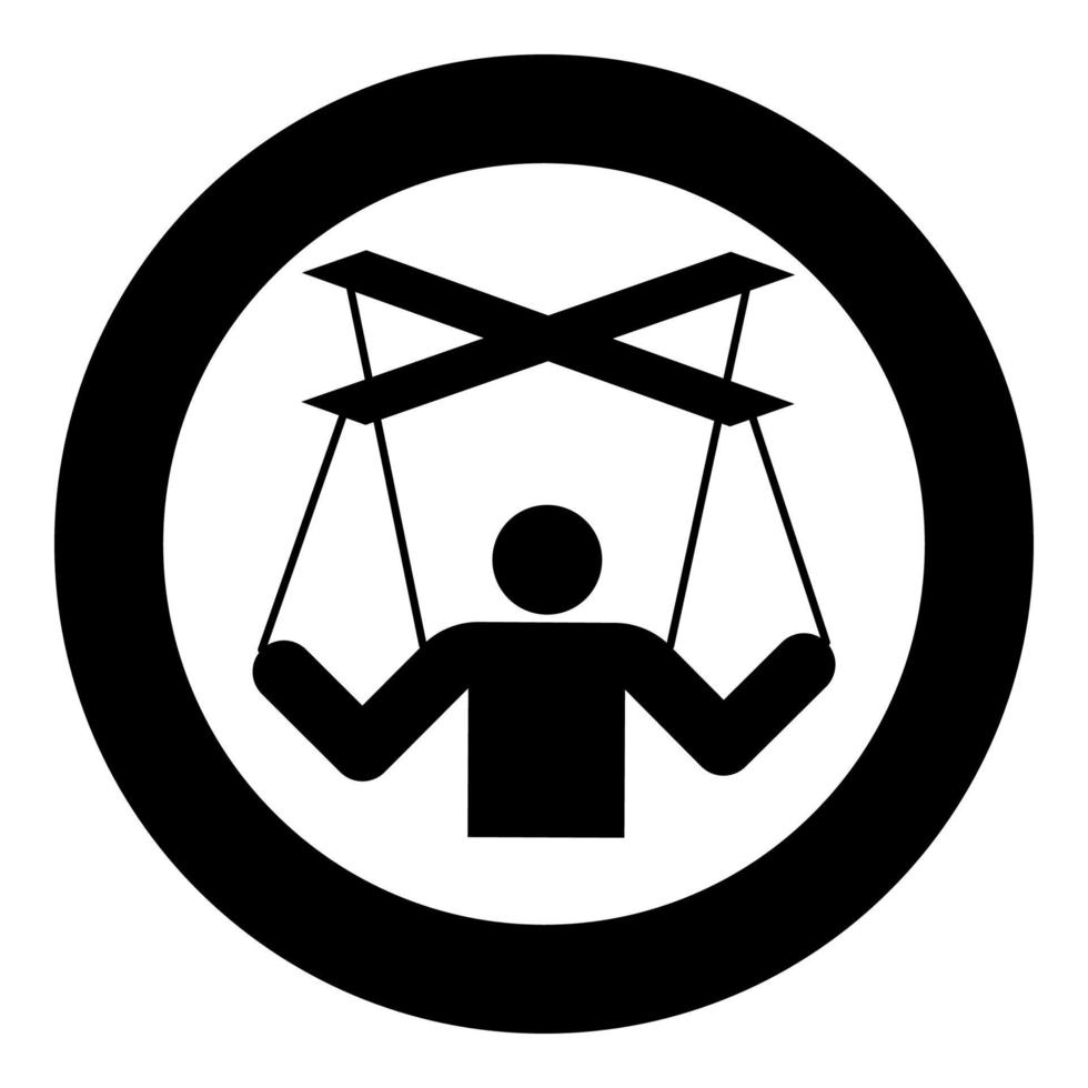 Human manipulation concept Puppet stick man manipulating on string Dependence theme Control people Management executive idea icon in circle round black color vector illustration flat style image