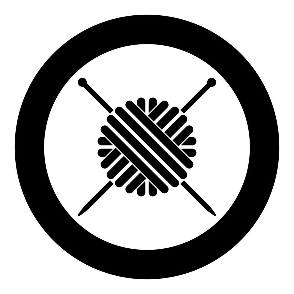 Ball of wool yarn and knitting needles icon black color in circle round vector