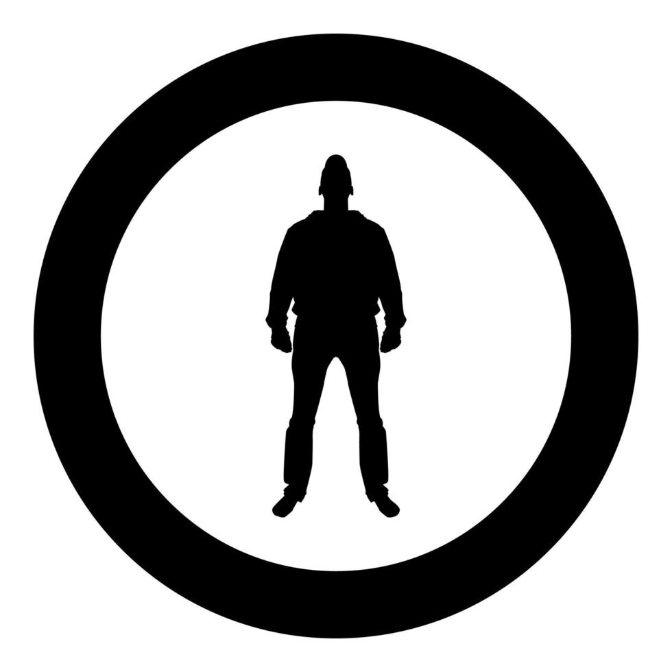 Man standing in cap view with front icon black color vector in circle round illustration flat style image