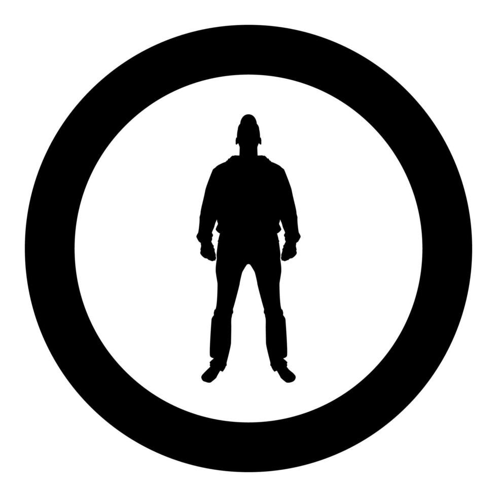 Man standing in cap view with front icon black color vector in circle round illustration flat style image