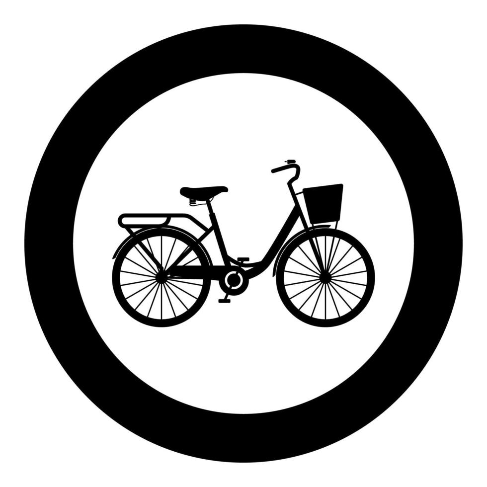 bicicleta de mujer con cesta bicicleta de crucero de playa para mujer cesta de bicicleta vintage icono de crucero de carretera de damas en círculo redondo color negro vector ilustración imagen de estilo plano