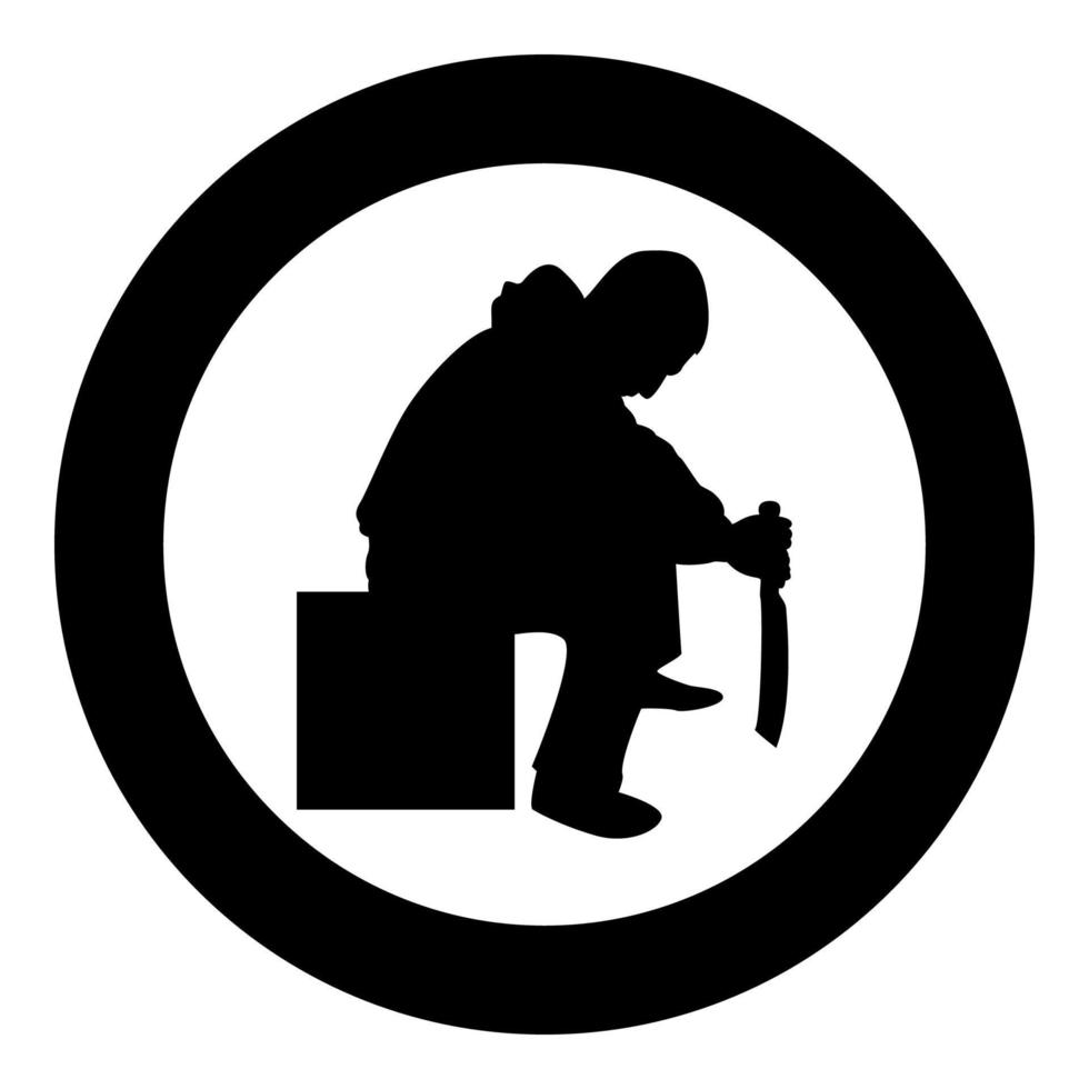 Man with sword machete Cold weapons in hand military man Soldier Serviceman in positions Hunter with knife Fight poses Strong defender Warrior concept Weaponry Sit on box silhouette in circle round vector