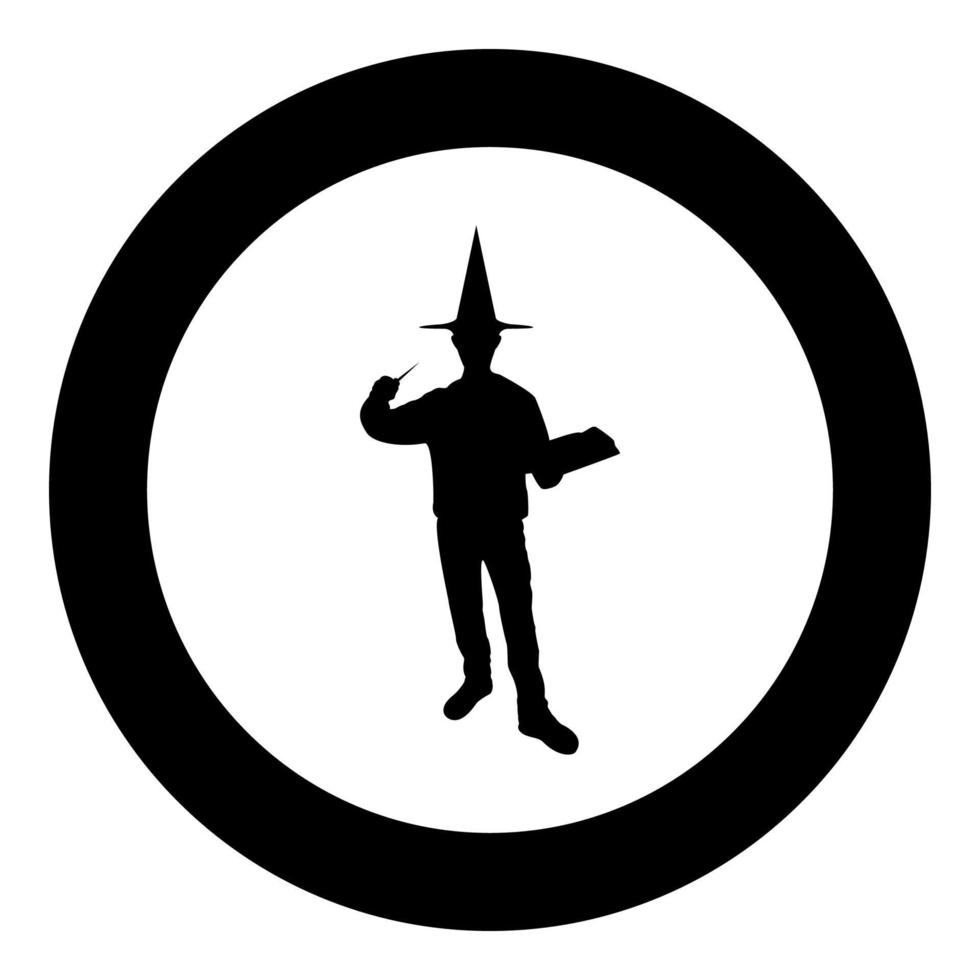 Wizard holds magic wand trick book Waving Sorcery concept Magician Sorcerer Fantasy person Warlock man in robe with magical stick Witchcraft in hat mantle Mage conjure Mystery idea Enchantment vector