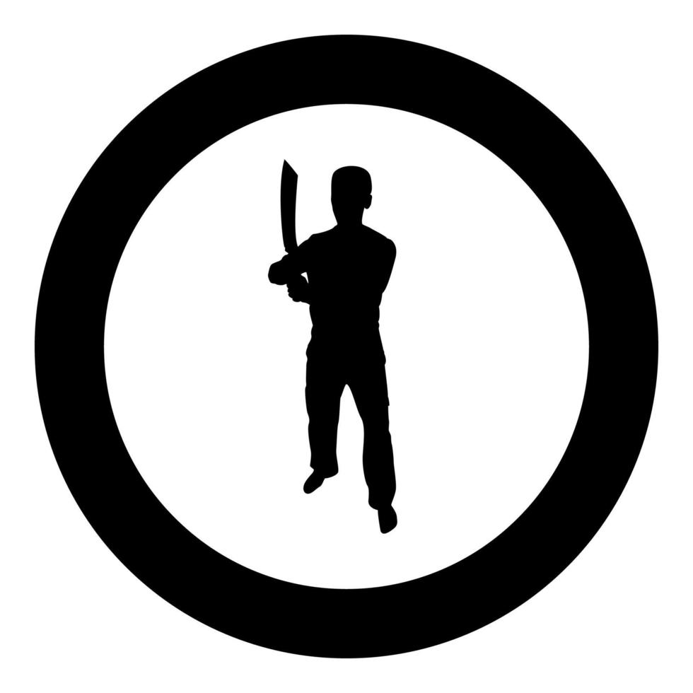 Man with sword machete Cold weapons in hand military man Soldier Serviceman in positions Hunter with knife Fight poses Strong defender Warrior concept Weaponry Stand silhouette in circle round black vector