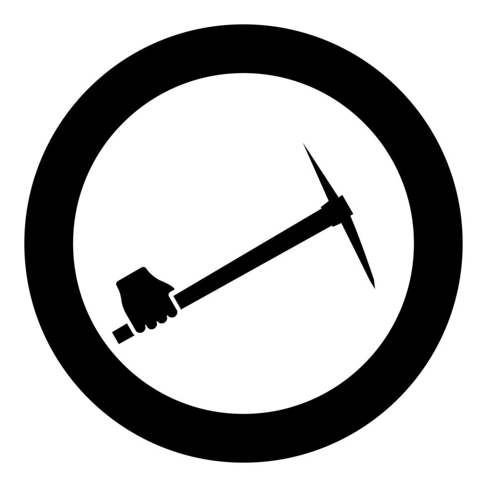 Pickaxe in hand tool in use Arm Digging and mining concept Industrial work Mattock quarry icon in circle round black color vector illustration solid outline style image