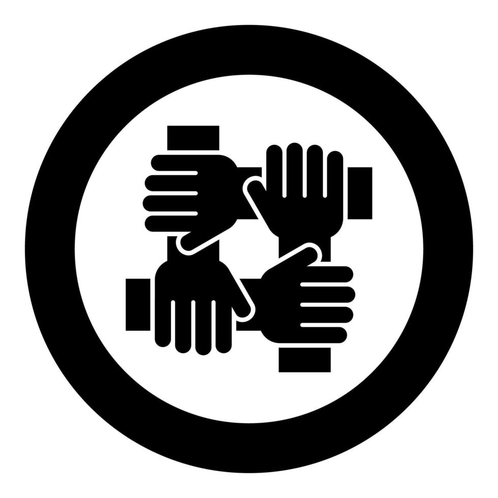 cuatro manos sosteniendo juntos el concepto de trabajo en equipo icono de color negro en círculo vector