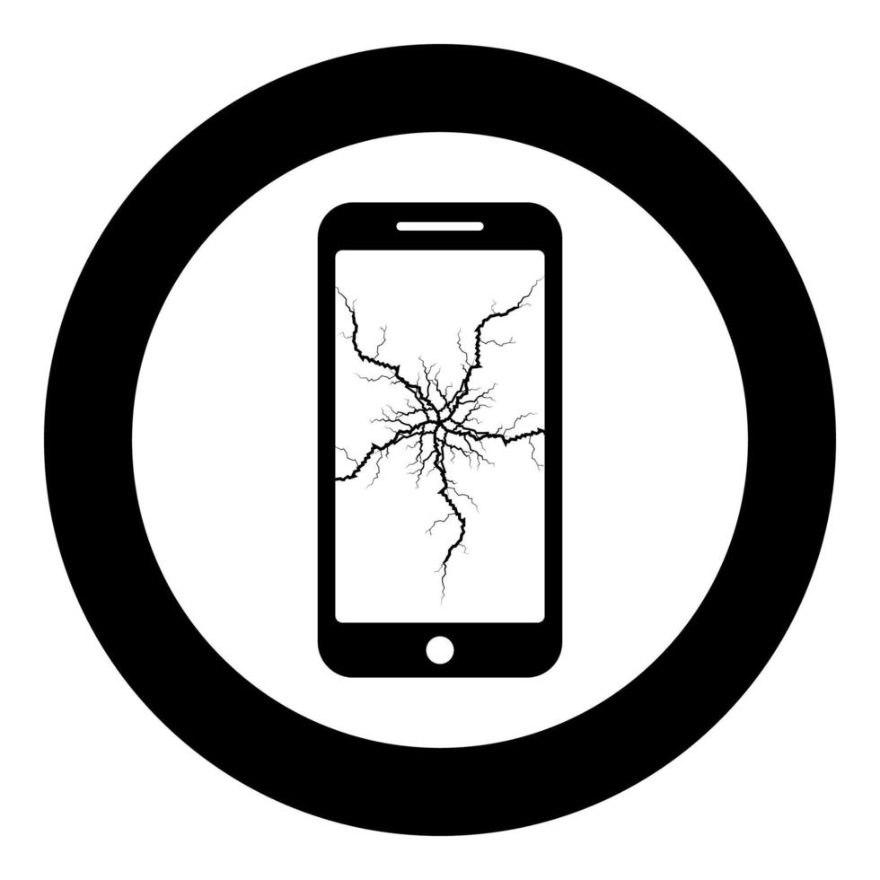 Smartphone with crack on display Broken modern mobile phone Shattered smartphone screen Phone with broken matrix of screen Cell phone with cracked touch screen in center Broken glass telephone icon vector