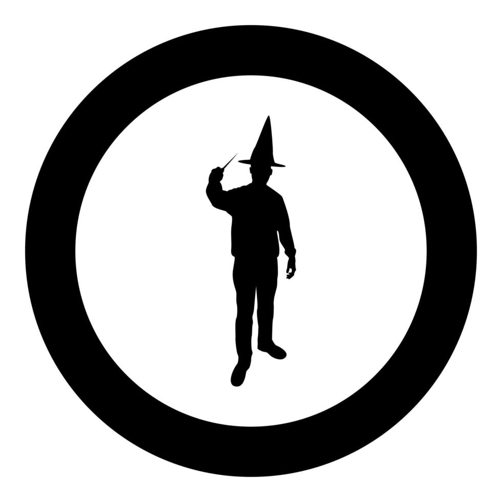 Wizard holds magic wand trick Waving Sorcery concept Magician Sorcerer Fantasy person Warlock man in robe with magical stick Witchcraft in hat mantle Mage conjure Mystery idea Enchantment silhouette vector