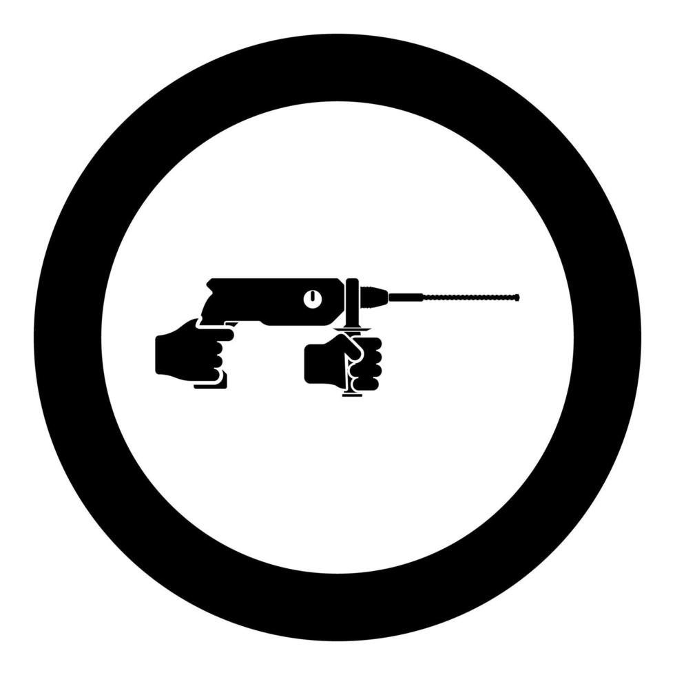 Electric rotary hammer drill in hand holding tool use Arm using Power tool icon in circle round black color vector illustration solid outline style image