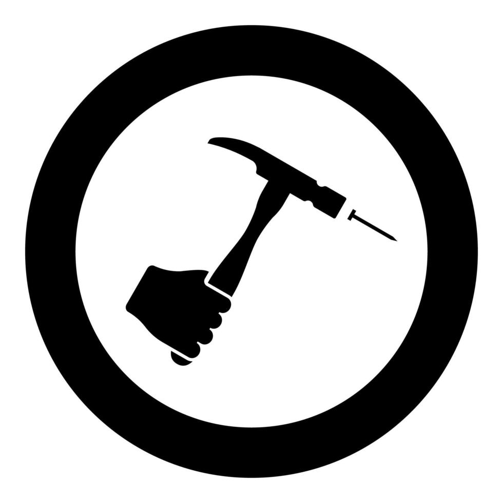 Hammer hits nail in hand claw holding Fixing and repairing working tools icon in circle round black color vector illustration image solid outline style