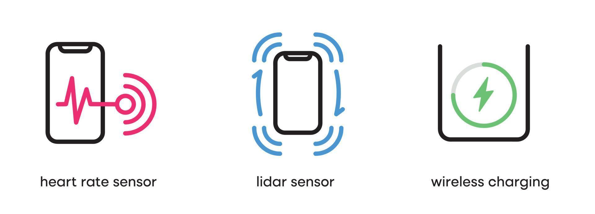 Phone sensors icon set. Heart rate, wireless charging and lidar sensor. This icon is the icon set of smart devices. Color sensor icon set. Editable Stroke. Logo, web and app. vector