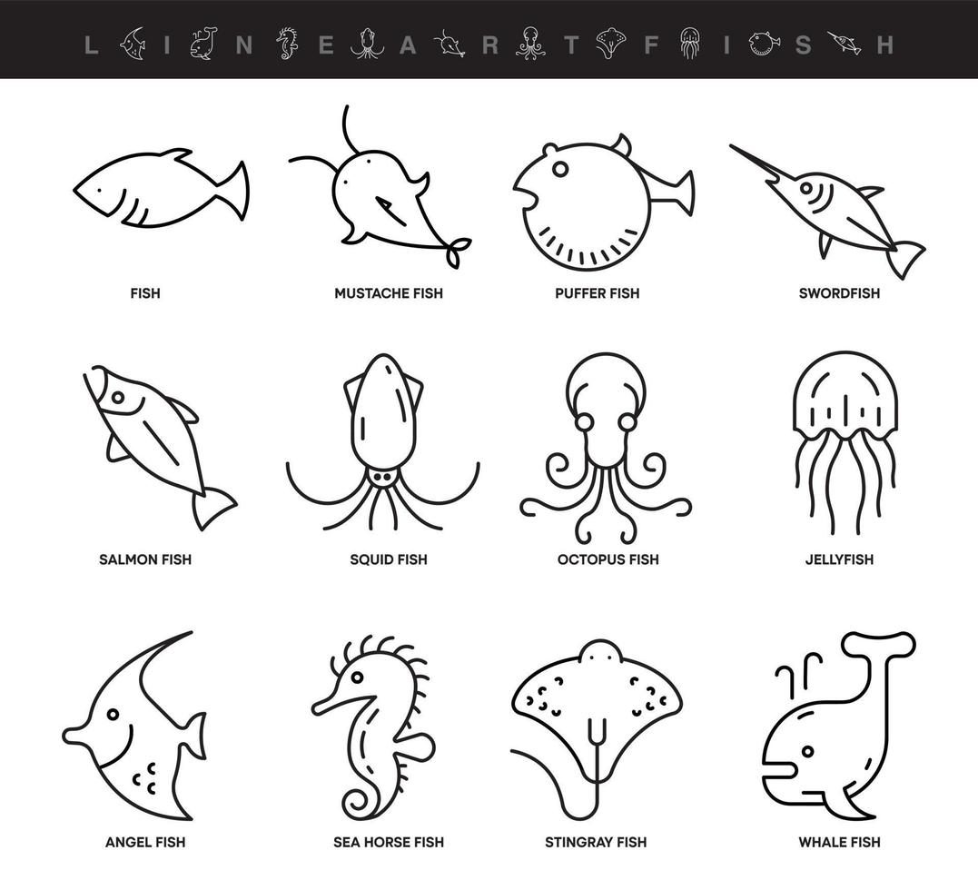 Different Fish line icon set. Such icons include the fish icon thin set. Editable line. Various Fish icon. Fish logo template. Fishing club or online web shop creative vector icon.