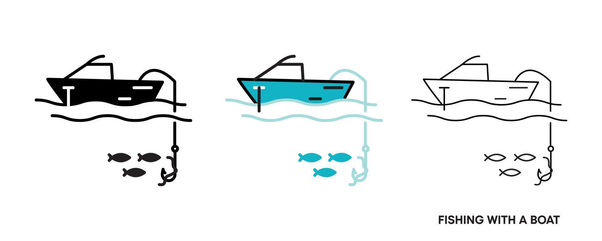 Fishing from the boat icon set. This icon is the icon symbol showing fish caught from the boat. Editable icon set. Fishing club or online web shop creative vector line art.