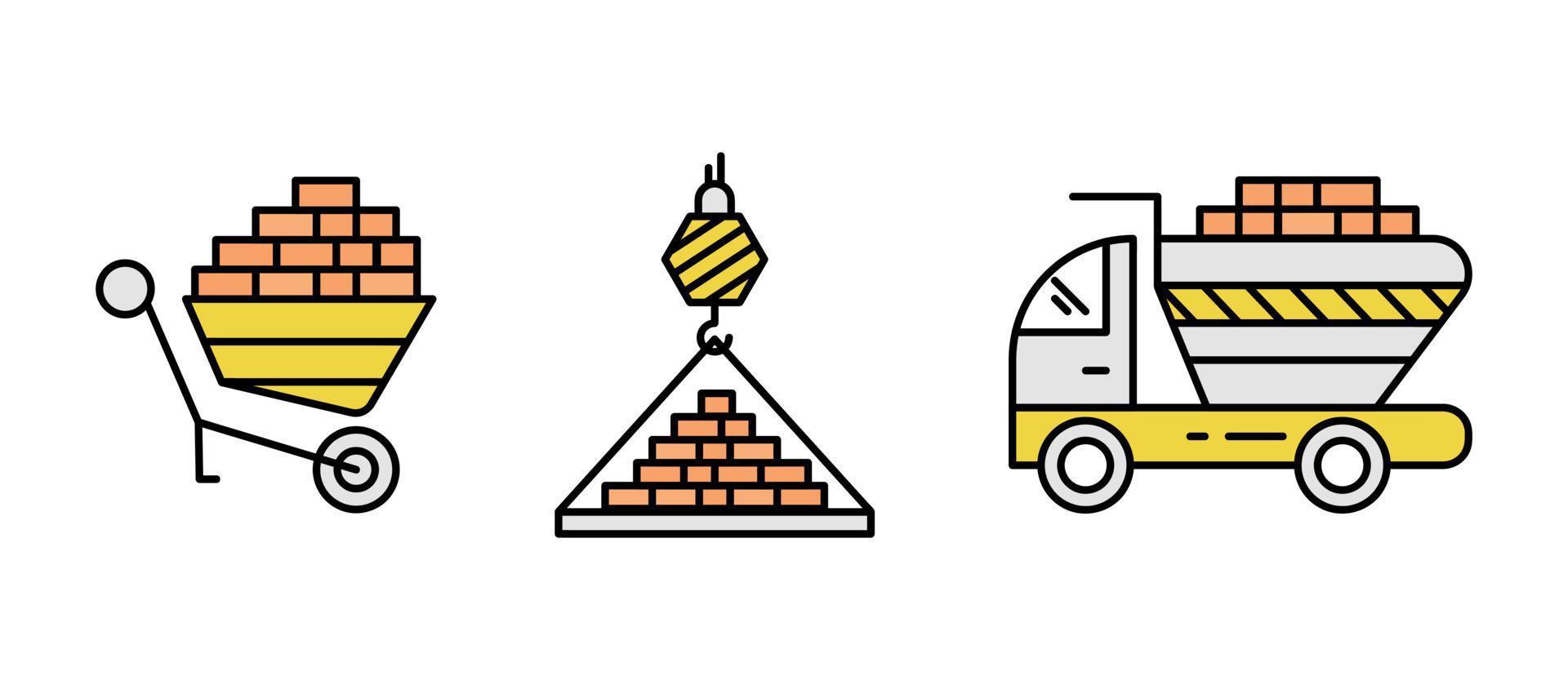 Truck, wheelbarrow and crane transport and brick construction icon set. Engineering icon. Art vector illustration set. Editable row set. Colorful icon set.