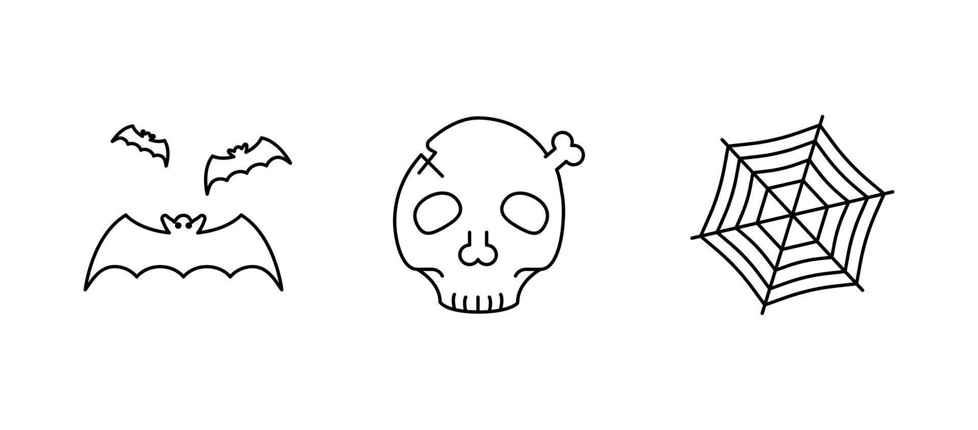 iconos de calavera, telaraña y murciélagos. listo para el concepto de halloween. es un conjunto de iconos lineales. vector