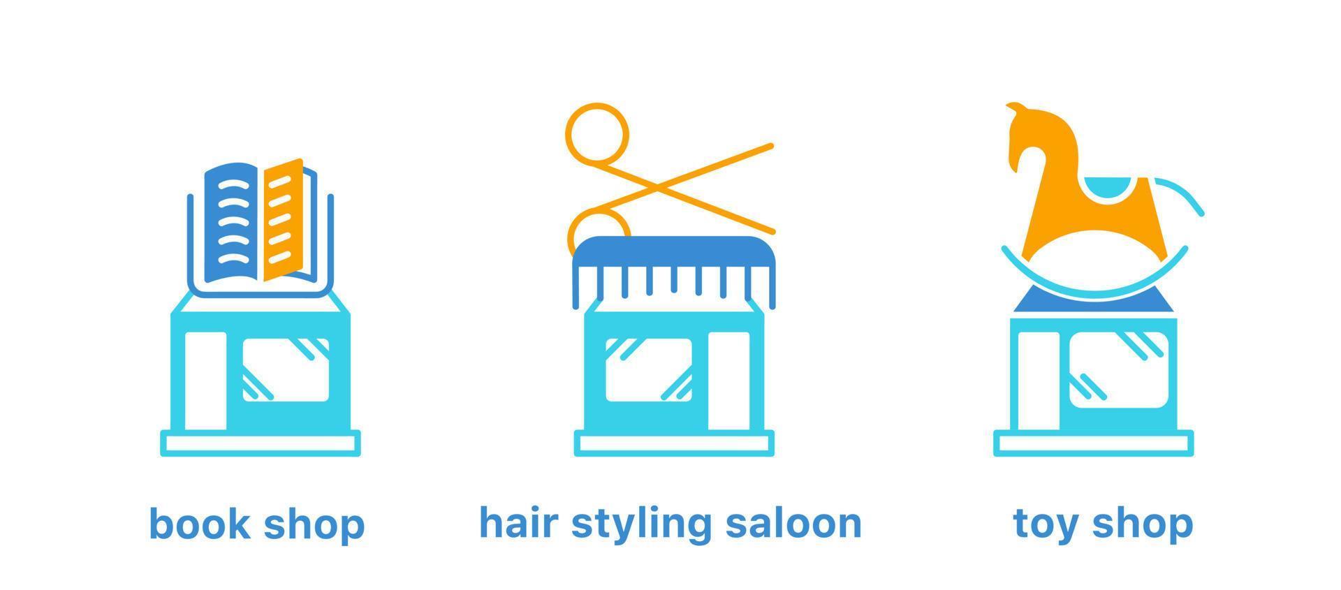 Book shop, barber shop and kid-toy shop icon set. Book, comb, hair icon set. Editable row set. Colorful icon set. Logo-web, icon design element. vector