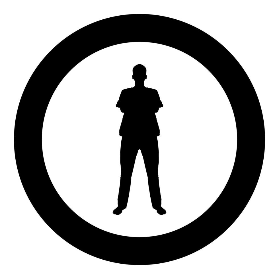 Man standing with hands crossed Dentist surgeon in medical clothes with folded hands on his chest Concept of the end of surgery operation Front view icon black color vector in circle round