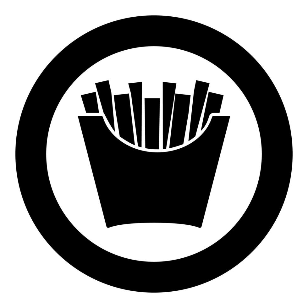 French fries in package Fried potatoes in paper bag Fast food in bucket box Snack concept icon in circle round black color vector illustration flat style image