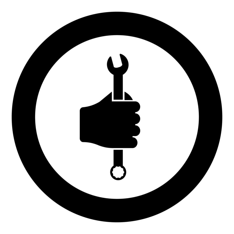 Wrench hexagon in hand tool in use Arm Spanner Mechanic engineer instrument icon in circle round black color vector illustration solid outline style image