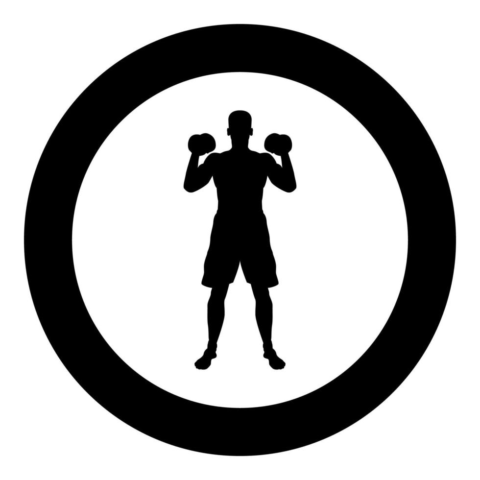 hombre haciendo ejercicios con pesas deporte acción entrenamiento masculino silueta vista frontal icono color negro ilustración en círculo vector