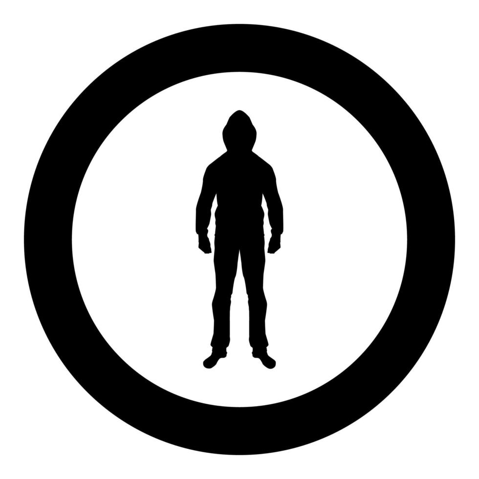 hombre en el capó concepto silueta de peligro icono del lado frontal ilustración de color negro en círculo vector