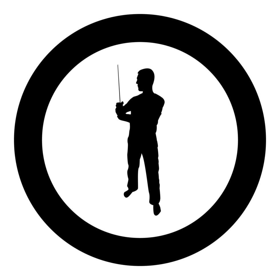 Man with sword machete Cold weapons in hand military man Soldier Serviceman in positions Hunter with knife Fight poses Strong defender Warrior concept Weaponry Stand silhouette in circle round black vector