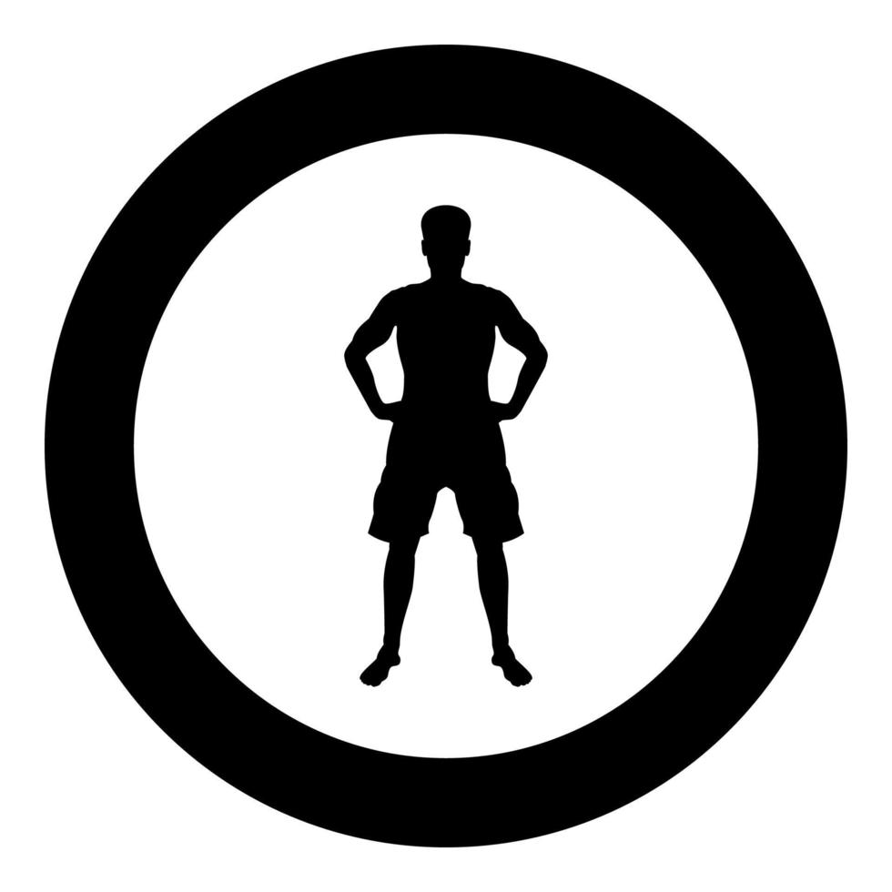 Man holding hands on belt confidence concept silhouette serious master of the situation front view icon black color illustration in circle round vector