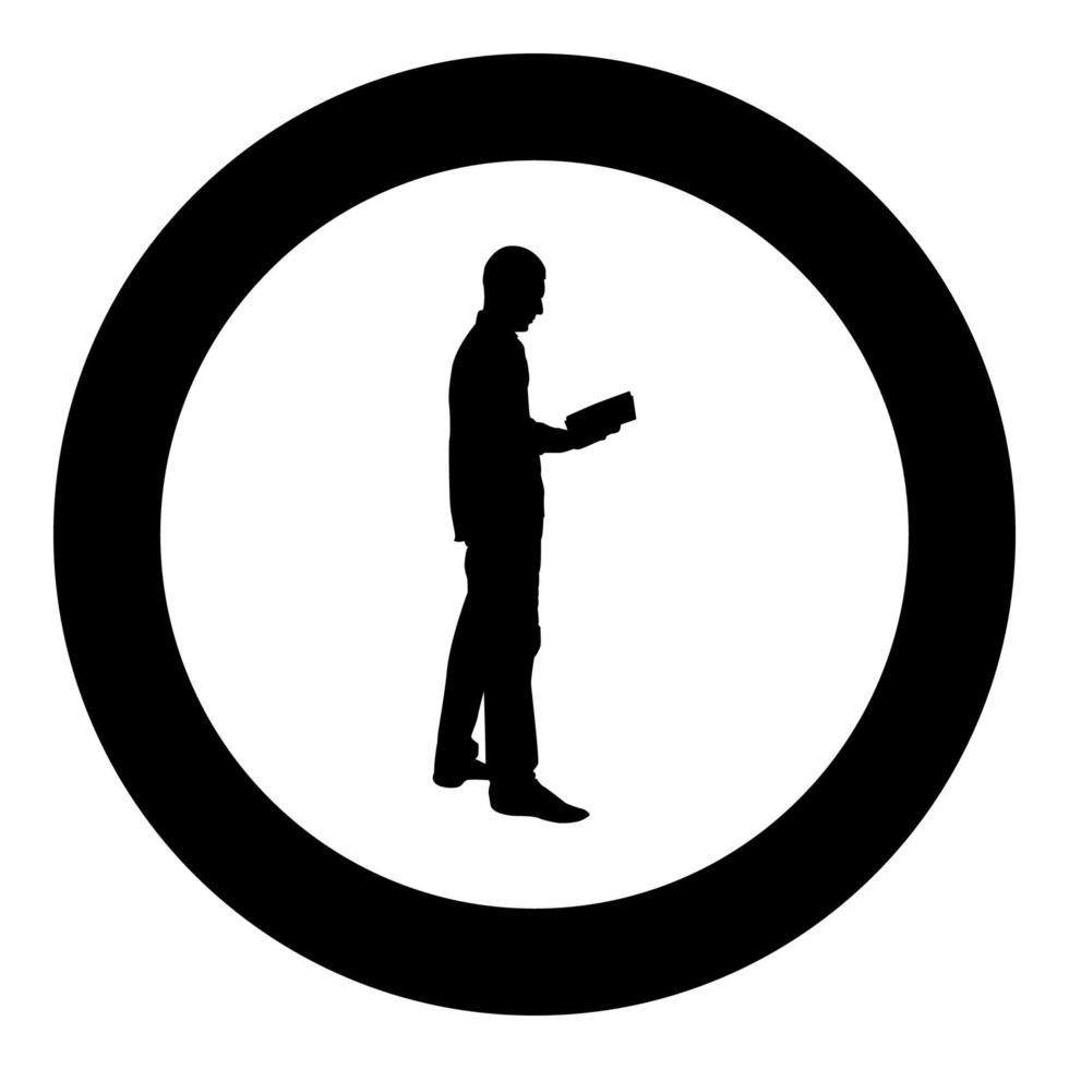 hombre de pie leyendo silueta concepto aprendizaje documento icono color negro ilustración en círculo vector