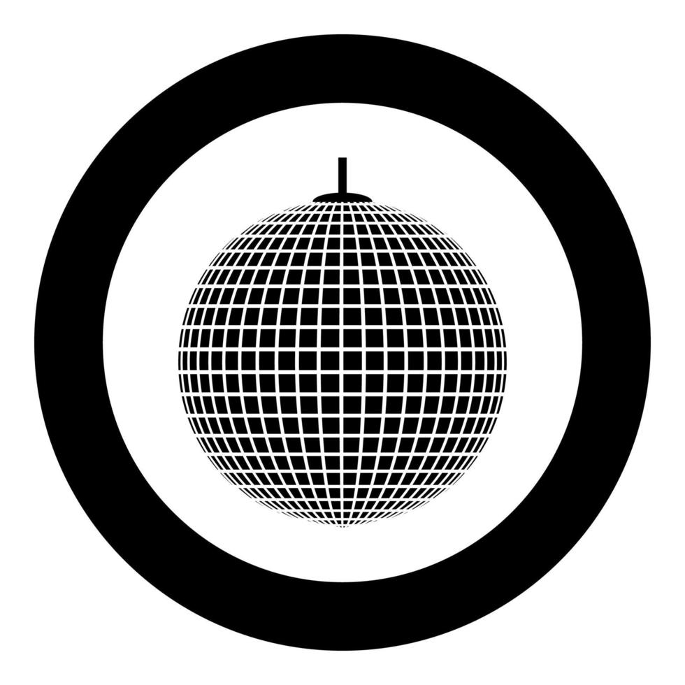 Disco sphere suspended on line rope Discotheque ball Retro night clubs symbol Concept nostalgic party icon in circle round black color vector illustration flat style image