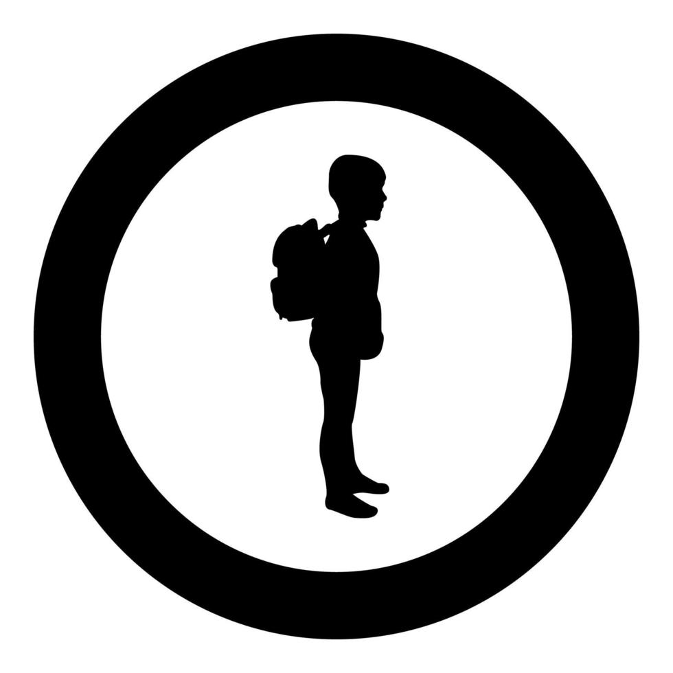 Schoolboy with backpack Pupil stand carrying on back Going to school concept Come back to school idea education Preschooler rucksack first September start lessons knapsack Side view silhouette in vector