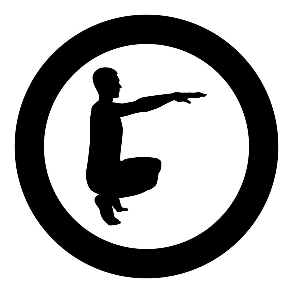 Crouching Man doing exercises crouches squat Sport action male Workout silhouette side view icon black color illustration in circle round vector
