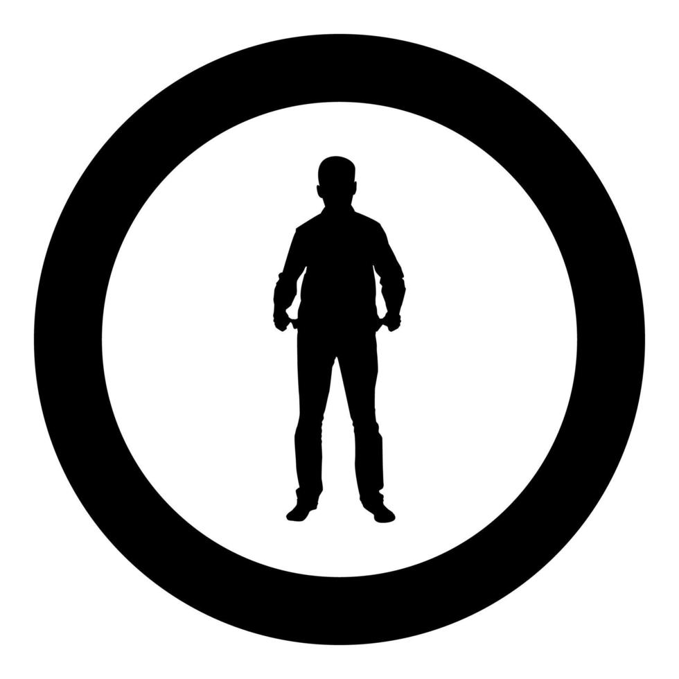 Man took out his empty pockets Businessman has not money silhouette concept icon black color illustration in circle round vector