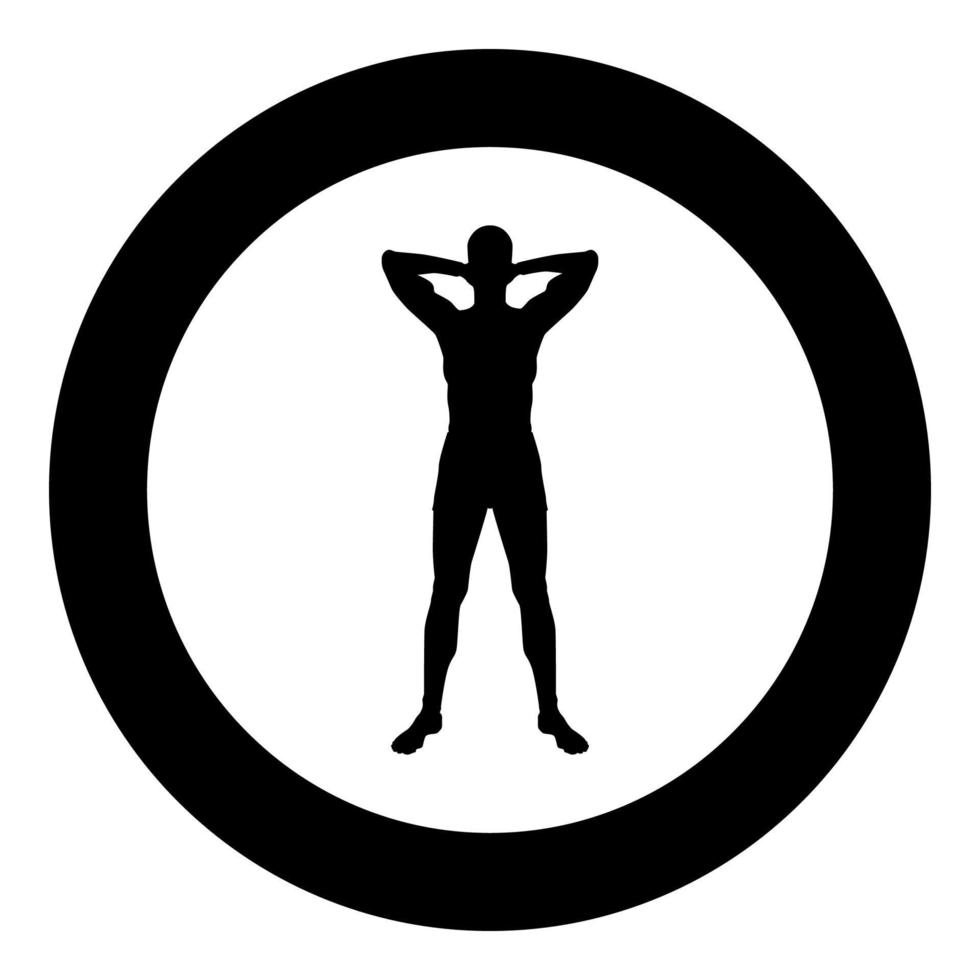 Concept relax Sportsman doing exercise Man holds hands behind head icon black color illustration in circle round vector