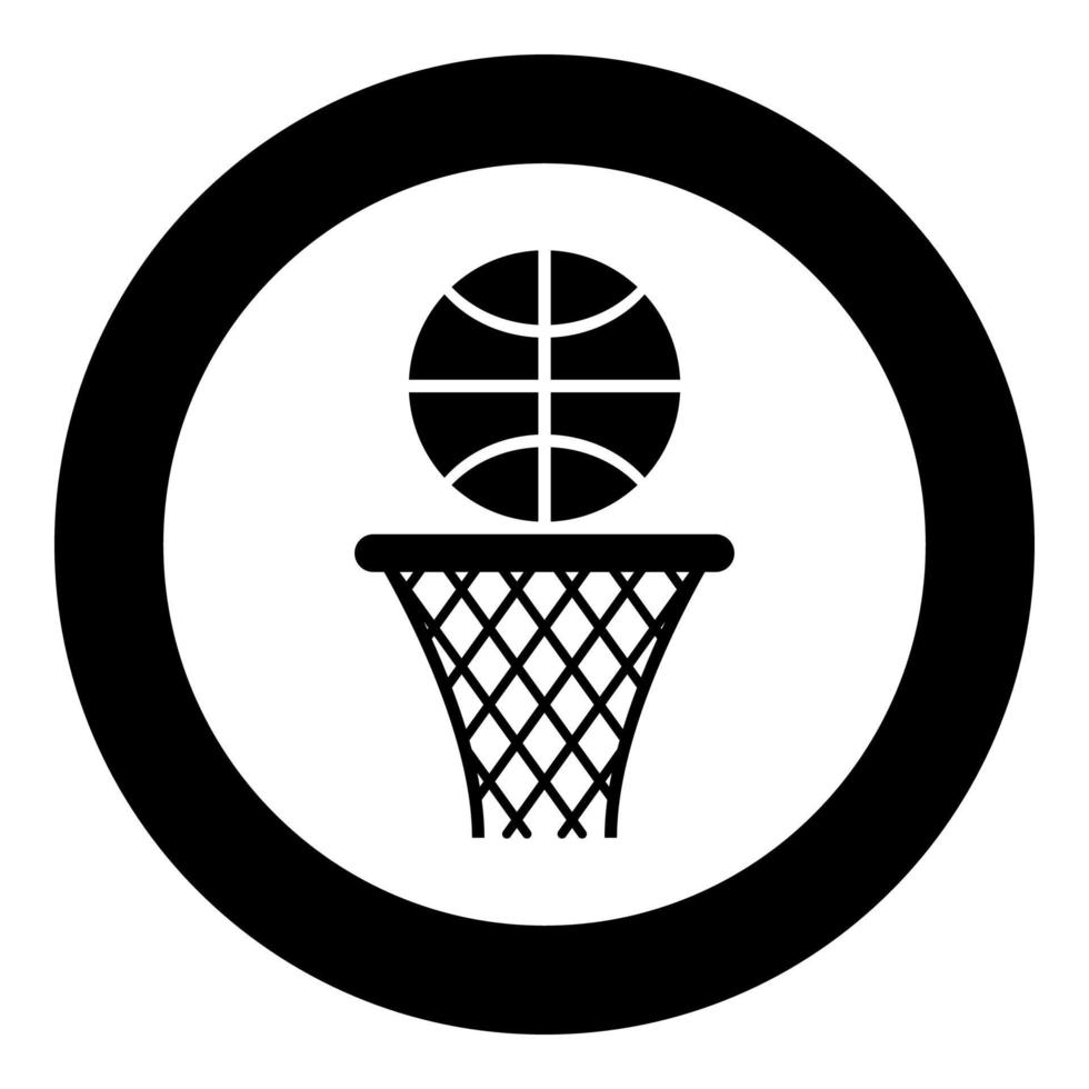 canasta de baloncesto y red de aro de pelota e icono de pelota en círculo redondo color negro ilustración vectorial imagen de estilo plano vector