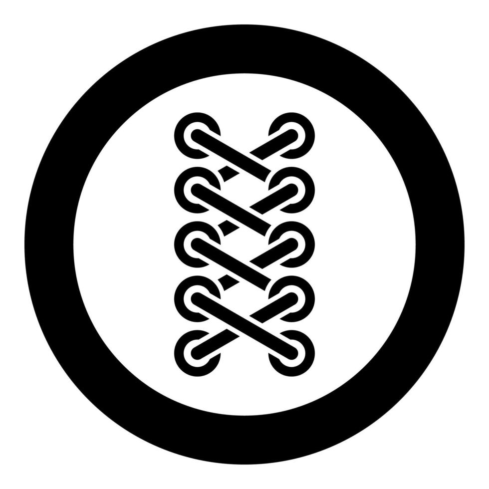 Shoelace of sneaker shoes Tying shoelaces Fastening rope Stitch concept Schemes of tying shoelaces Shoe lace icon in circle round black color vector illustration flat style image