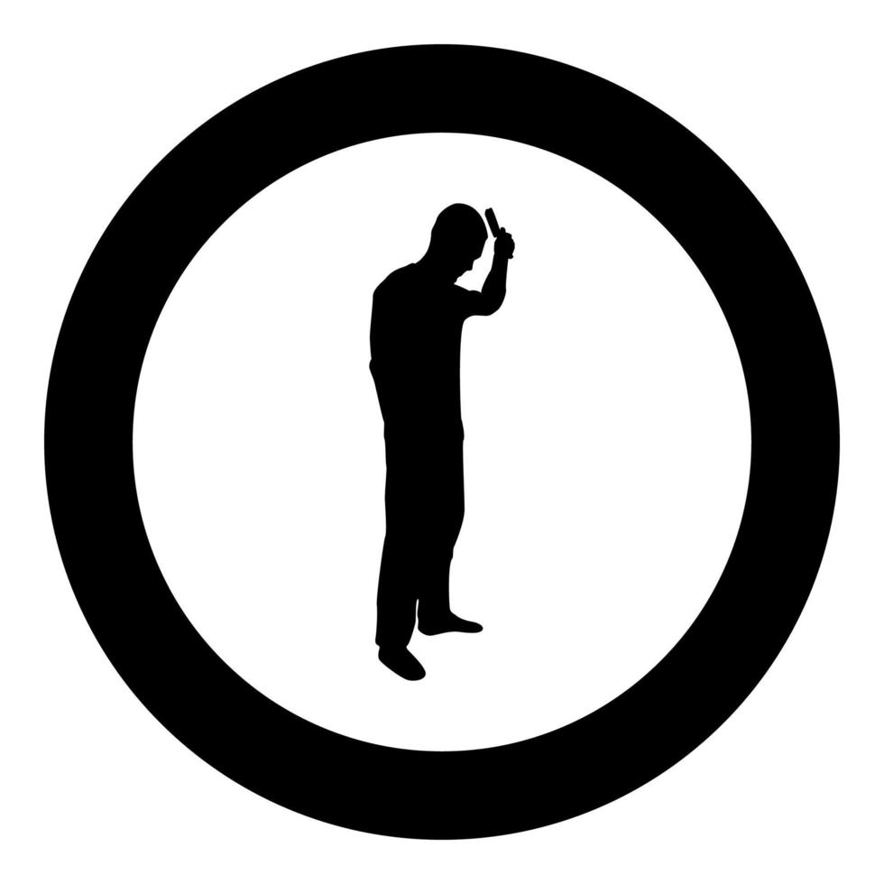 Man is combing hair use hairbrush Side view silhouette in circle round black color vector illustration solid outline style image