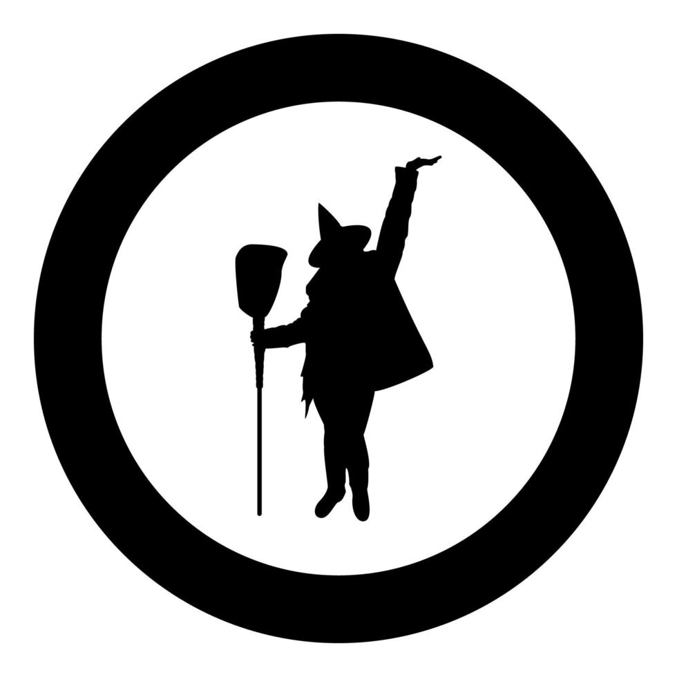 Fairy Wizard Witch standing with broom Subject for Halloween concept silhouette in circle round black color vector illustration solid outline style image