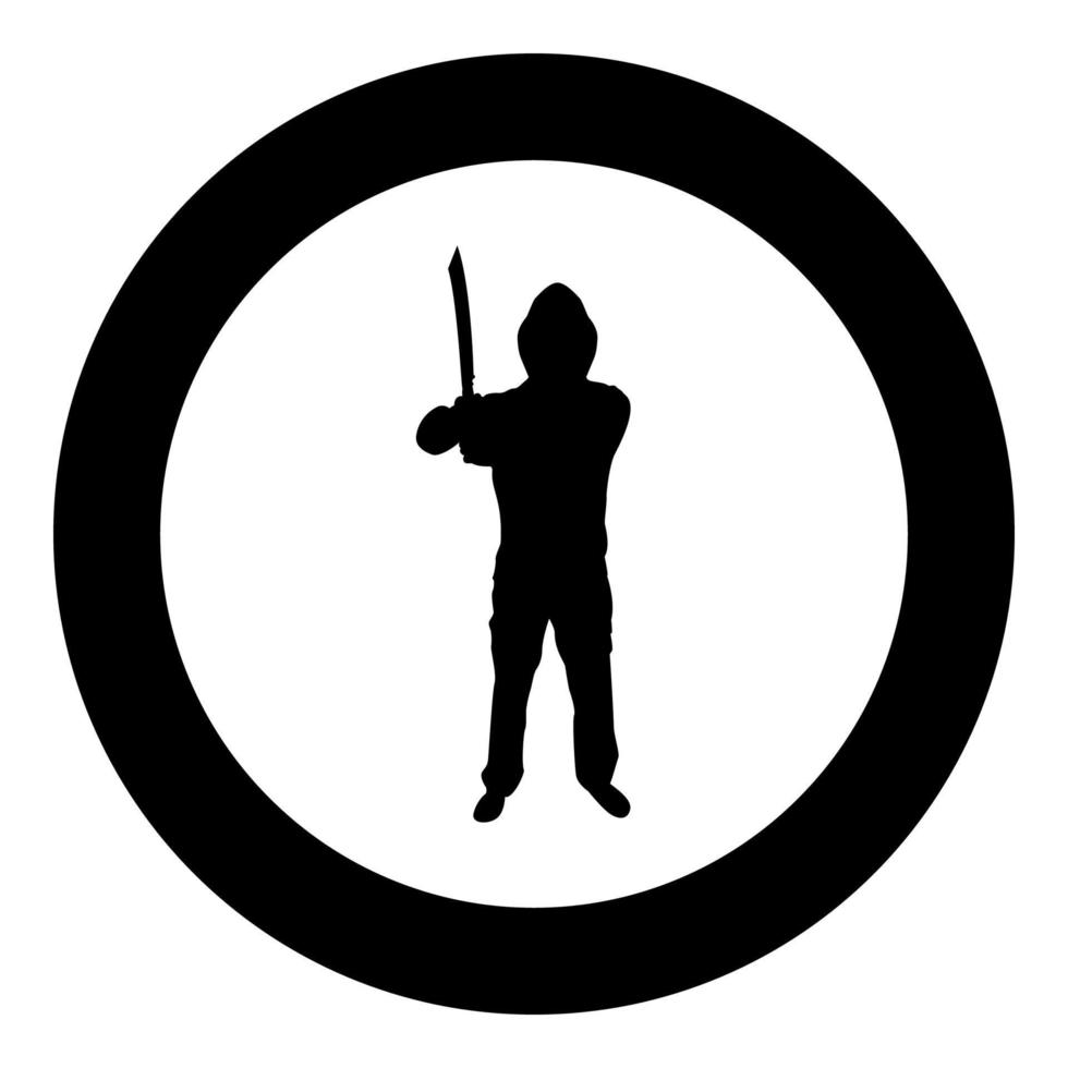 Man with sword machete Cold weapons in hand military man Soldier Serviceman in positions Hunter with knife Fight poses Strong defender Warrior concept Weaponry Stand silhouette in circle round black vector